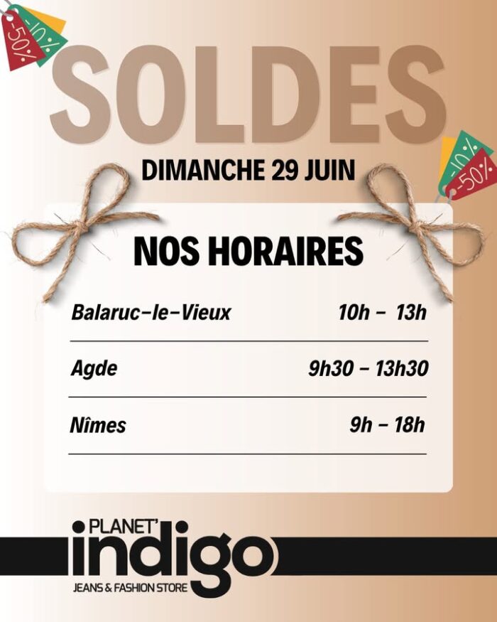📅 Ce dimanche 29 juin, premier week-end des soldes, nos magasins sont ouverts. 
Nous serons ravis de vous retrouver pour vous conseiller de la meilleure façon possible. 🤝✨
______
• BALARUC – Face au centre commercial Carrefour
• AGDE – Centre commercial Hyper U
• NIMES - Centre commercial La Coupole

#shopping #planetindigo #mode #fashion #tendance